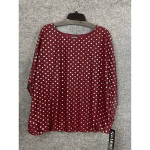 Sara Michele Poncho Blouse Womens 2X Maroon New Metallic Polka Dot Bubble Hem